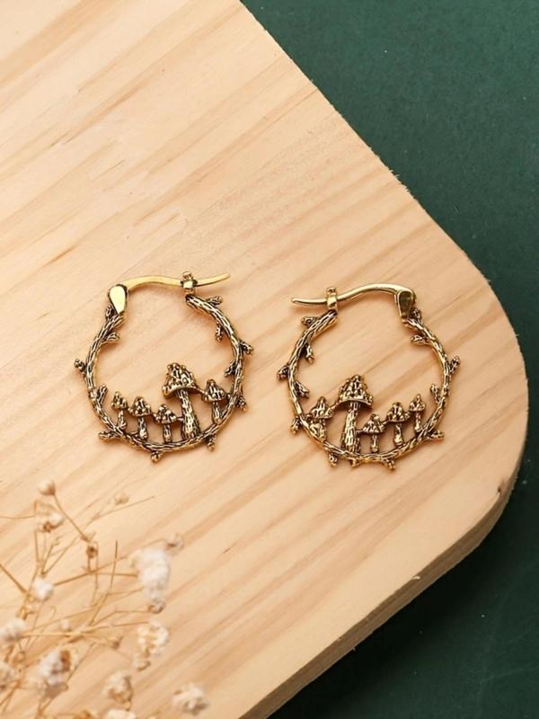 Tree Branch Mushroom Design Hoop Earrings (1 Pair), Retro Fashion Jewelry for Women, Elegant Jewelry for Party, Daily Clothing Decor, Trendy All-match & Exquisite Jewelry for Birthday Gift