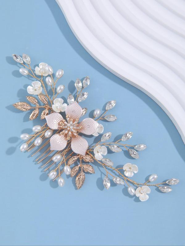 Faux Pearl & Rhinestone Decorated Flower Design Hair Comb, Elegant Bridal Headwear for Wedding Bridal Party Formal Occasions, Minimalist Headwear Suitable for Thick Hair