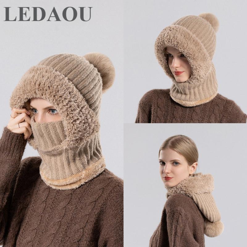 LEDAOU Women's Knitted Hat In Autumn And Winter, Cold Resistant Hat, Thickened With Fleece, Scarf Mask, One-piece Warm Hat, Outdoor Cycling Hat