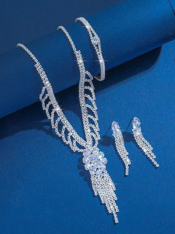 Women's Elegant Rhinestone Decorated Jewelry Set, Exquisite Trendy Tassel Design Necklace & Bracelet & Dangle Earrings, Chic Jewelry Set for Party Decoration