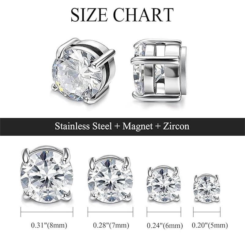 Magnetic Non-piercing Clip On Earrings: Stainless Steel 5-8mm CZ Inlay Round Square Fake Cheater Studs for Men Women