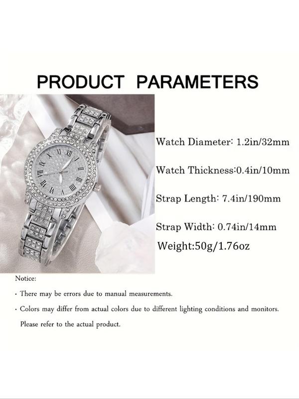 Round Dial Rhinestone Decor Quartz Watch & Bracelet & Necklace & Ring & Earring Set, without Box, Trendy Exquisite Iced Out Luxury Watch Set As Gift for Women for Back To School Gift