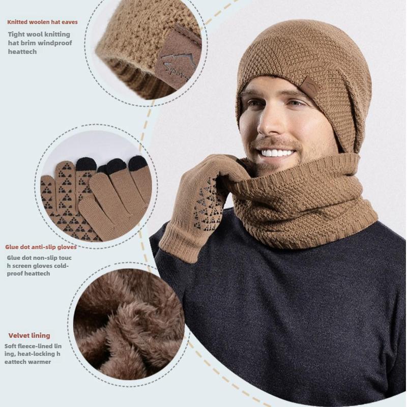 Men's Winter Sports Hat & Glove & Scarf Set, Knit Warm Hat & Glove & Scarf, Touch Screen Glove, Outdoor Sports Accessories for Men