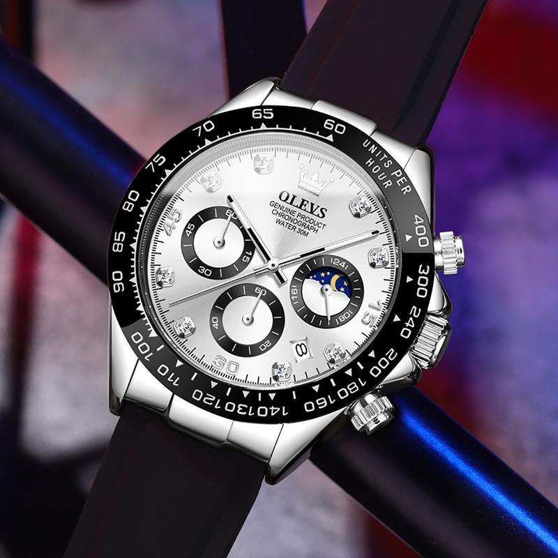 Men's Watches Chronograph Multifunction Sport Silicone Luxury Diamond Moon Phase Quartz Male Watch Waterproof Wrist Watch