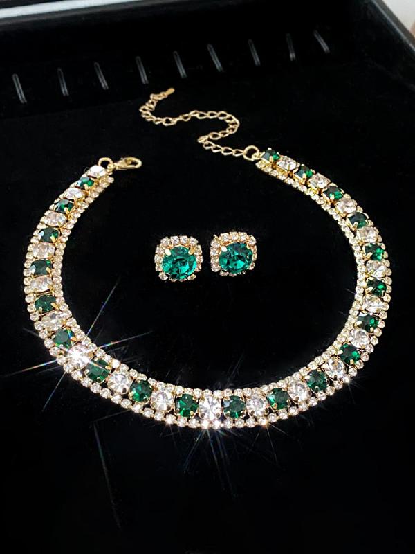 Women's Elegant Rhinestone Decorated Necklace & Earrings, Exquisite Trendy Jewelry Set, Fashionable Accessories for Party & Daily Clothing Decor