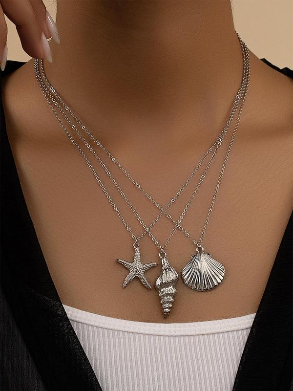 Women's Shell & Star Shaped Design Pendant Necklace, 3counts set Elegant Jewelry, All-match Fashion Accessories, Summer Matching Jewelry