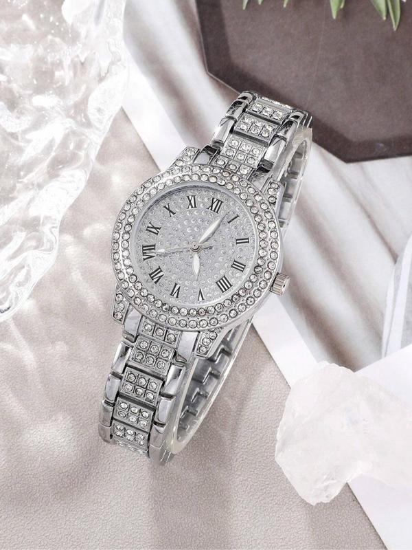 Round Dial Rhinestone Decor Quartz Watch & Bracelet & Necklace & Ring & Earring Set, without Box, Trendy Exquisite Iced Out Luxury Watch Set As Gift for Women for Back To School Gift