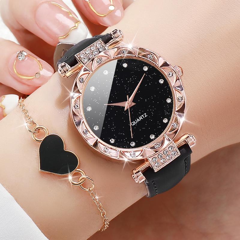 4PCS Set Women's Fashion Watch Simple Design Round Dial Leather Watch with Love Bracelet