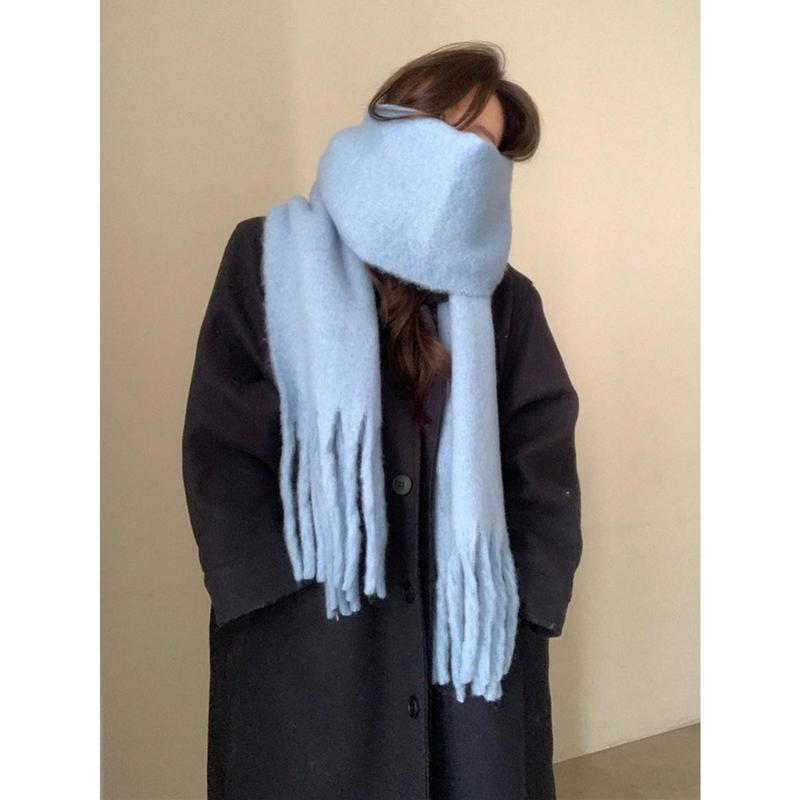 1pc Solid Color Scarf, Winter Warm Neck, Thickened Wool Knitted Thick Fringed Shawl, Can Be Worn