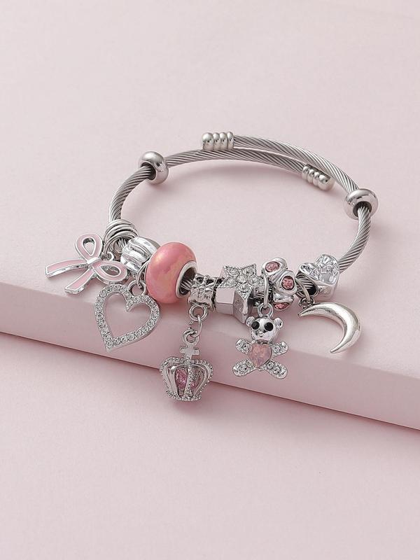 Cute Bear & Bow & Heart & Crown Charm Bracelet, Women's Rhinestone Decor Bracelet, Fashion Jewelry for Party, Daily Clothing Decor, Trendy Exquisite Jewelry for Gift