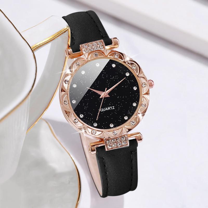 4PCS Set Women's Fashion Watch Simple Design Round Dial Leather Watch with Love Bracelet