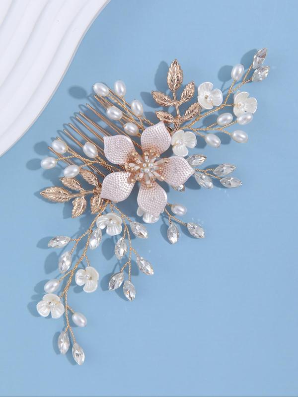 Faux Pearl & Rhinestone Decorated Flower Design Hair Comb, Elegant Bridal Headwear for Wedding Bridal Party Formal Occasions, Minimalist Headwear Suitable for Thick Hair