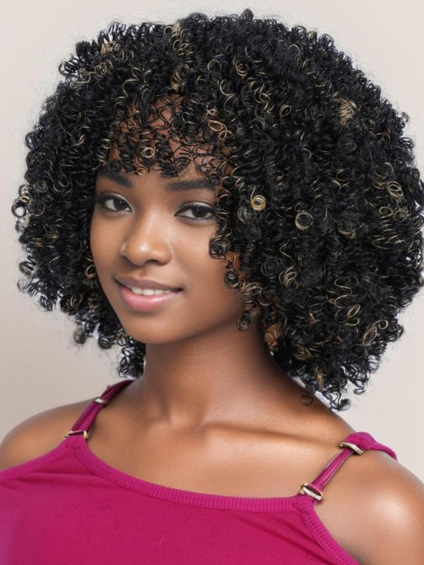 12 Inch Short Afro Kinky Curly Wigs with Khaki Highlight, Gorgeous Fluffy Wigs without Bangs, Synthetic Wigs for Party, Daily Use