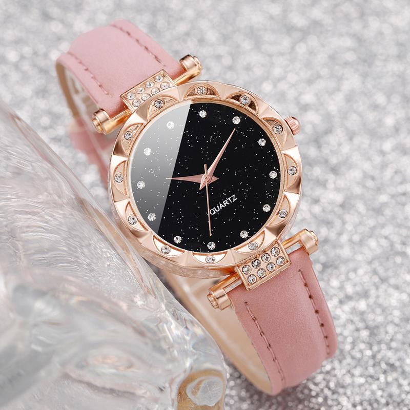 4PCS Set Women's Fashion Watch Simple Design Round Dial Leather Watch with Love Bracelet