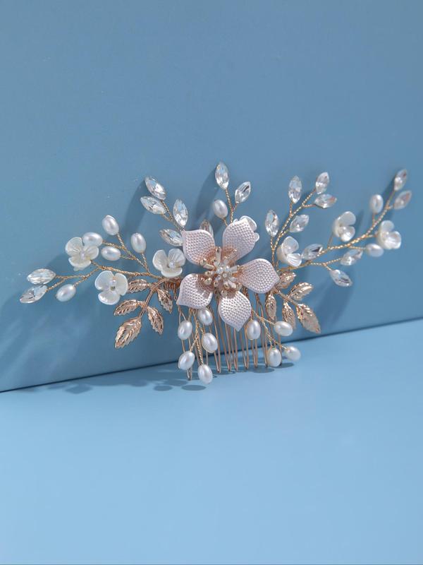 Faux Pearl & Rhinestone Decorated Flower Design Hair Comb, Elegant Bridal Headwear for Wedding Bridal Party Formal Occasions, Minimalist Headwear Suitable for Thick Hair