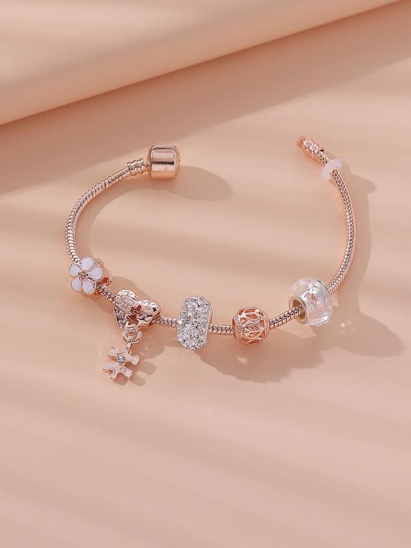 Fashion Elegant Rhinestone Decorated Heart & Flower Design Bracelet, Holiday Casual Daily Wear Party Accessories for Women