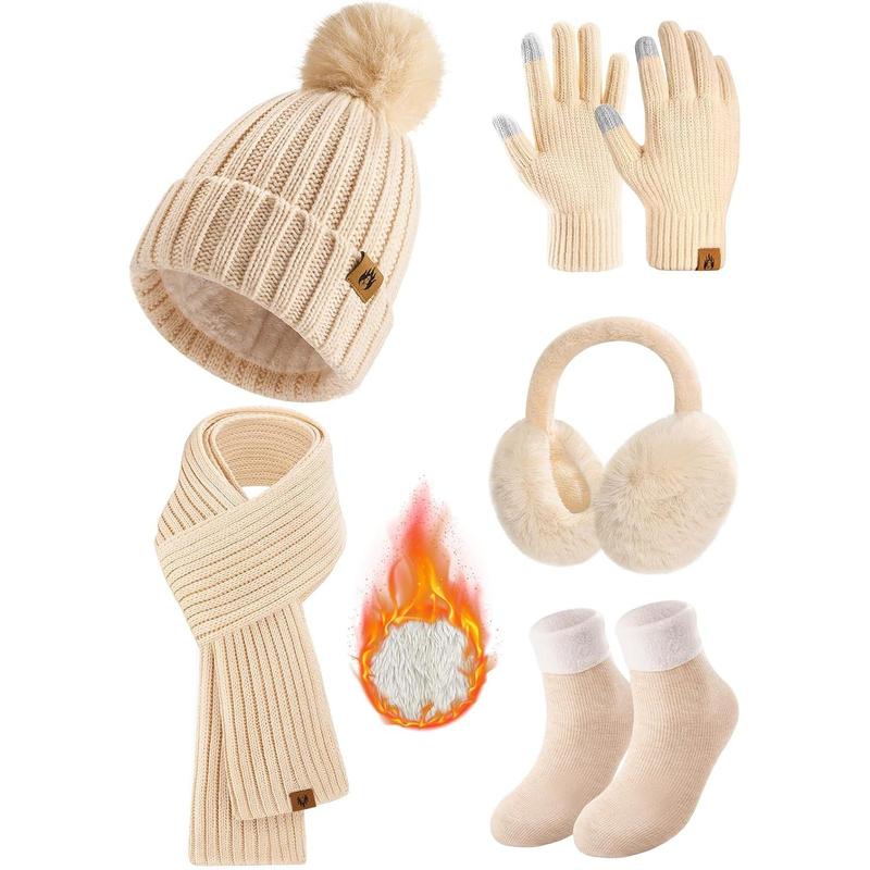 Winter Beanie Hats Scarf Touch Screen Gloves Fuzzy Socks Ear Muffs 5 count Set for Women Winter Ski Outing Set