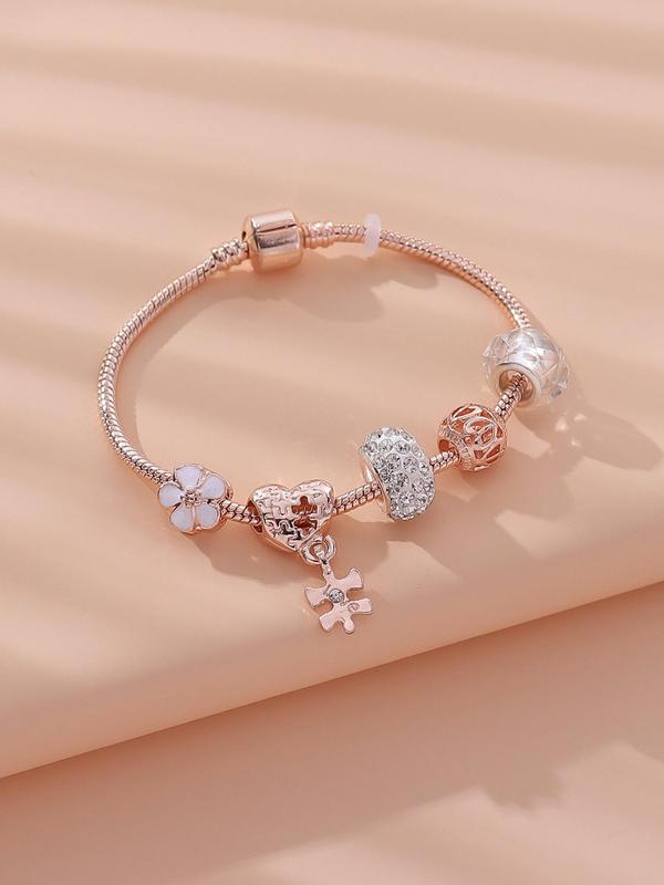 Fashion Elegant Rhinestone Decorated Heart & Flower Design Bracelet, Holiday Casual Daily Wear Party Accessories for Women