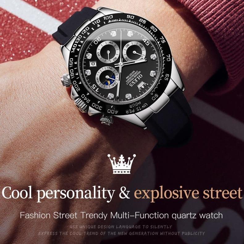 Men's Watches Chronograph Multifunction Sport Silicone Luxury Diamond Moon Phase Quartz Male Watch Waterproof Wrist Watch