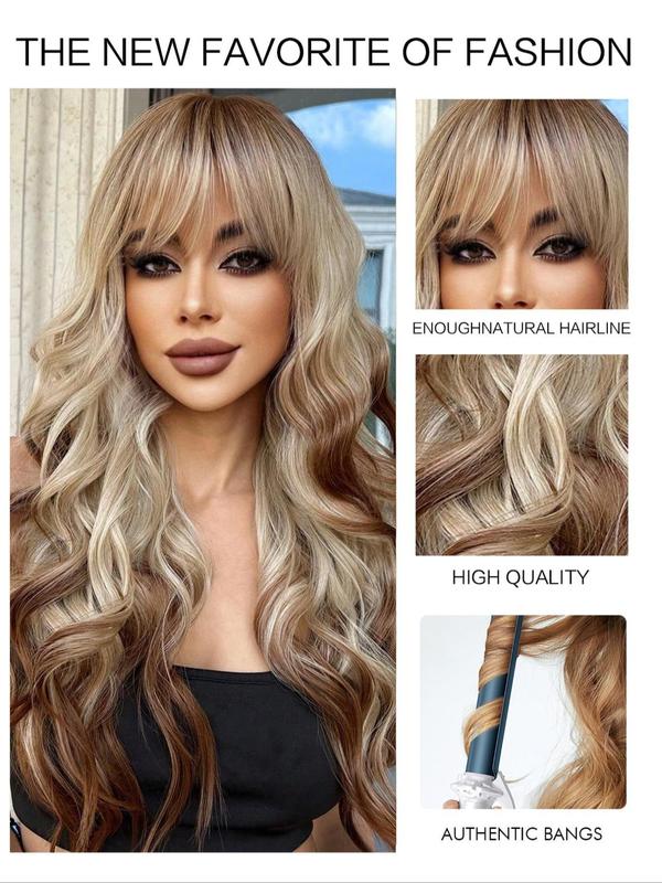 28 Inch Long Ombre & Highlight Wavy Wigs for Women, Gorgeous Fluffy Wigs with Bangs, Synthetic Full Machine Wigs for Party, Daily Use