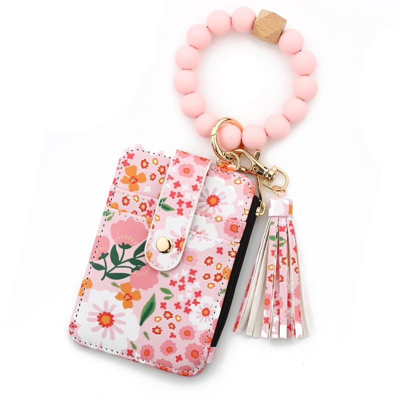 Women's Boho Style Beaded & Tassel Decorated Keychain with Flower Pattern Wallet Boho Wristlet Keychain Wallet Silicone Beaded Tassel Keychain Wallets