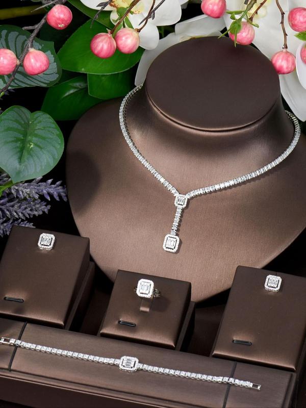 Women's Elegant Rhinestone Decorated Jewelry Set, Exquisite Trendy Necklace & Ring & Earrings & Bracelet, Chic Jewelry Set for Party & Wedding As Gift