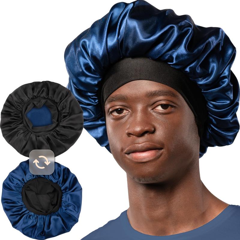 Bonnet for Men Hair Bonnet for Sleeping Double Layer Satin Bonnets for Men Women Curly Hair Braids Reversible Sleep Cap Navy