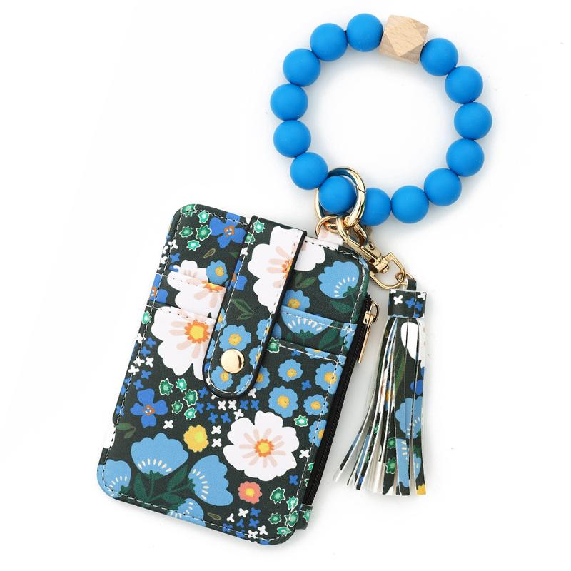 Women's Boho Style Beaded & Tassel Decorated Keychain with Flower Pattern Wallet Boho Wristlet Keychain Wallet Silicone Beaded Tassel Keychain Wallets