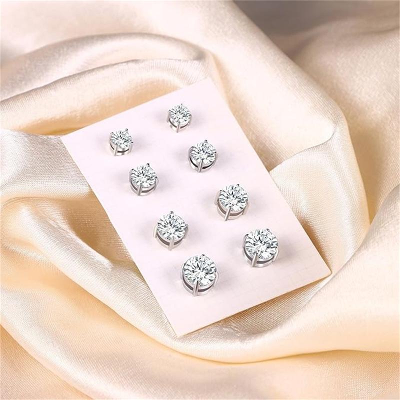 Magnetic Non-piercing Clip On Earrings: Stainless Steel 5-8mm CZ Inlay Round Square Fake Cheater Studs for Men Women