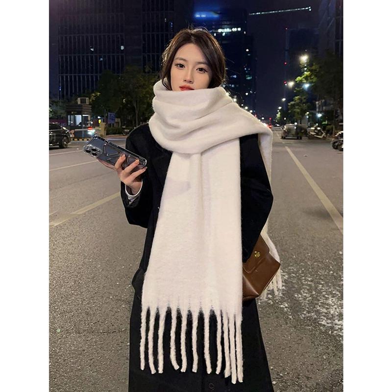 1pc Solid Color Scarf, Winter Warm Neck, Thickened Wool Knitted Thick Fringed Shawl, Can Be Worn