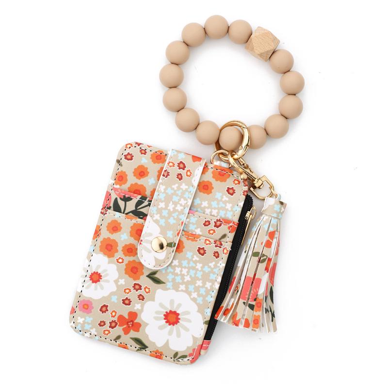 Women's Boho Style Beaded & Tassel Decorated Keychain with Flower Pattern Wallet Boho Wristlet Keychain Wallet Silicone Beaded Tassel Keychain Wallets