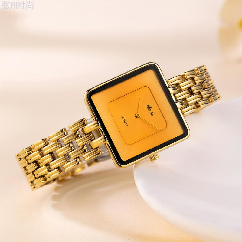 Vintage Golden Square Quartz Watch with Zinc Alloy Strap and Dial, Elegant Minimalist Fashion Accessory for Women