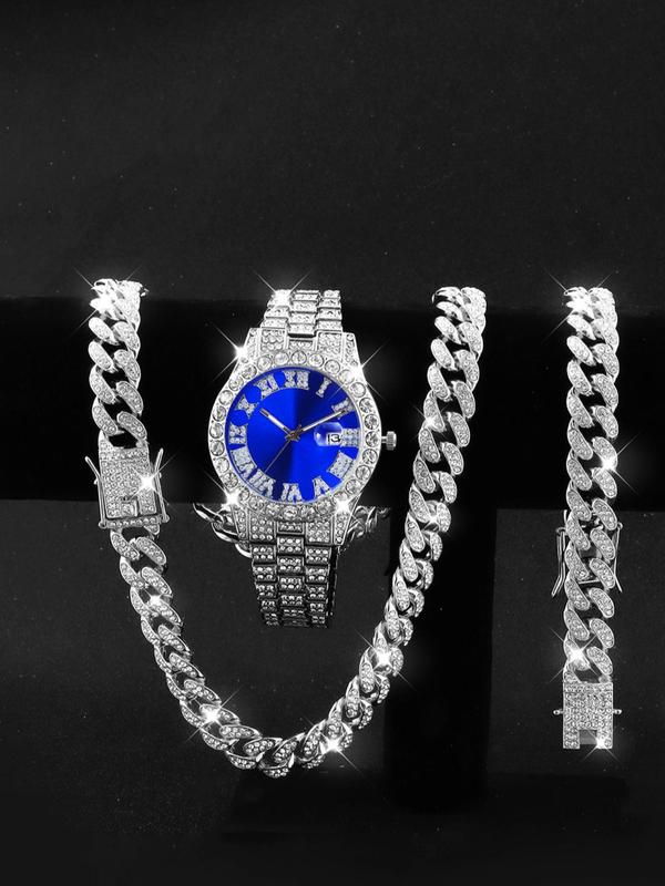 Men's Luxury Rhinestone Decorated Quartz Watch & Bracelet & Necklace, Fall Fashion Trendy Wristwatch & Jewelry Set, Exquisite Watch Set As Gift without Box, Chunky Jewelry & Watch Set Gift