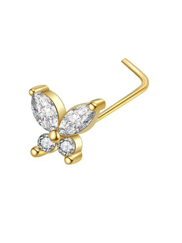 Women's Elegant Rhinestone Decorated Butterfly Design L-shaped Nose Stud, Exquisite Trendy Nose Stud, Fashionable Body Jewelry for Women & Girls