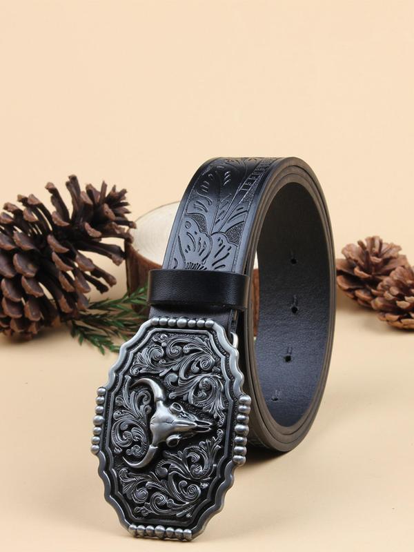 Western Cow Head Decor Belt, Vintage Style Embossed Belt for Men & Women, Fashion Belt for Party, Daily Clothing Decor, Trendy All-match & Exquisite Belt for Birthday Gift