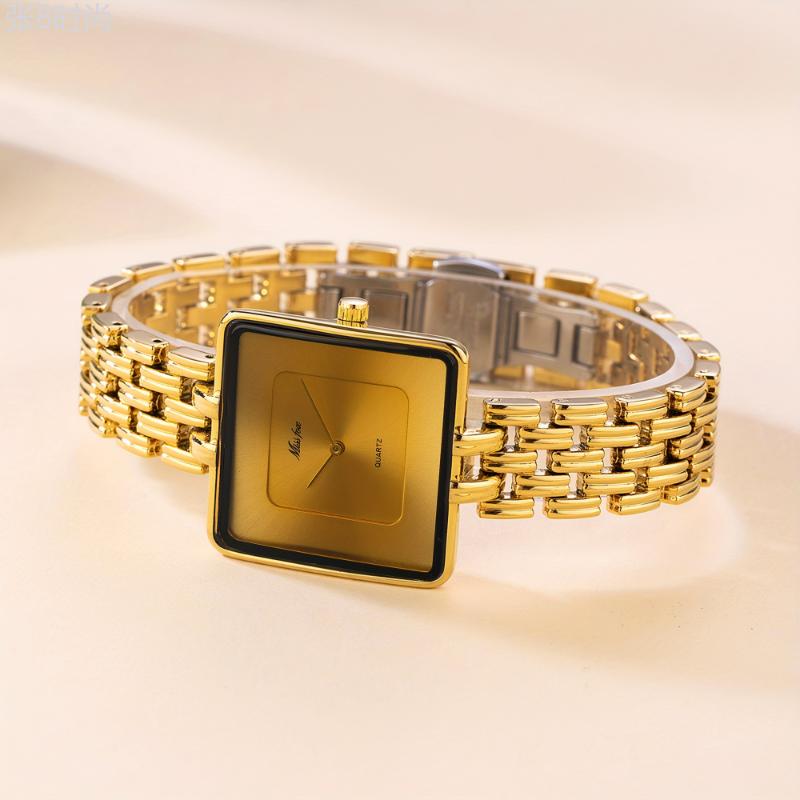 Vintage Golden Square Quartz Watch with Zinc Alloy Strap and Dial, Elegant Minimalist Fashion Accessory for Women