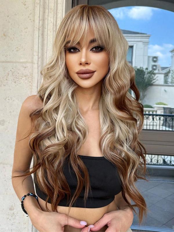 28 Inch Long Ombre & Highlight Wavy Wigs for Women, Gorgeous Fluffy Wigs with Bangs, Synthetic Full Machine Wigs for Party, Daily Use