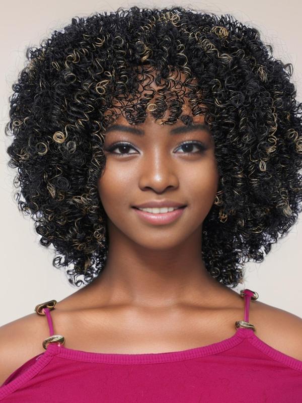 12 Inch Short Afro Kinky Curly Wigs with Khaki Highlight, Gorgeous Fluffy Wigs without Bangs, Synthetic Wigs for Party, Daily Use