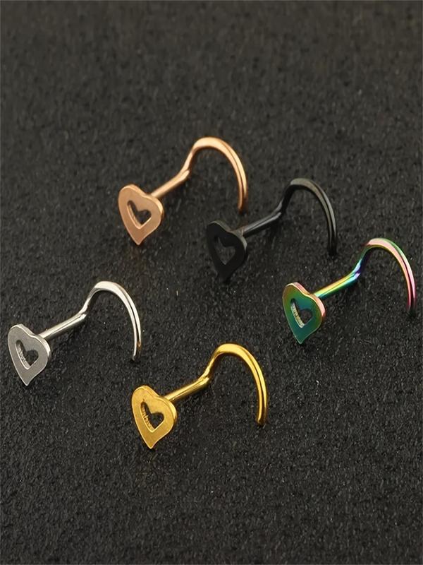 Cute Hollow out Heart Design Nose Ring As Gift for Couple, 5pcs Stainless Steel Nose Studs for Boyfriend & Girlfriend, Elegant All-match Fashion Exquisite Body Jewelry As Birthday Gifts