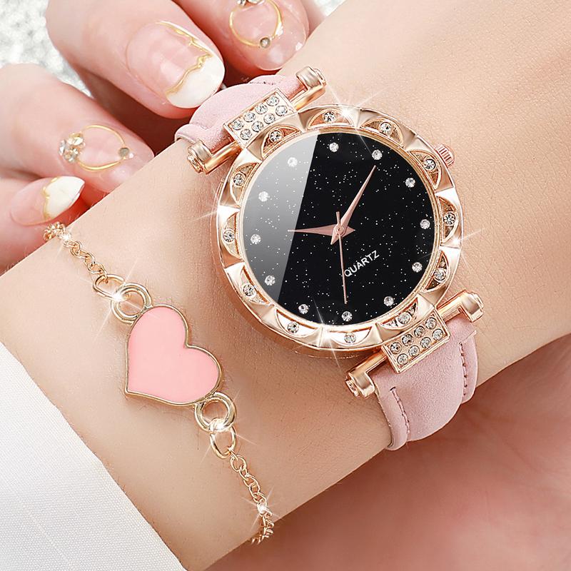 4PCS Set Women's Fashion Watch Simple Design Round Dial Leather Watch with Love Bracelet