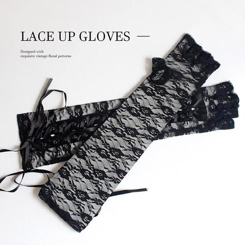 Fingerless Lace Up Gloves Black Elbow Glove  Gloves Stretchy Costume Party Opera Costume for Women and Girl