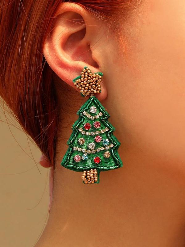 Cute Star Decor Christmas Tree Dangle Earrings, Rhinestone Decor Beads Design Earrings for Women, Fashion Jewelry for Party, Daily Decor, Trendy All-match & Exquisite Jewelry for Gift