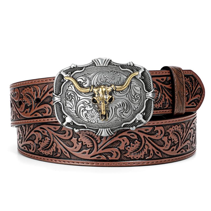 Cowboy Cowgirl Leather Buckle Belt for Men Women Western Leather Belt for Jeans