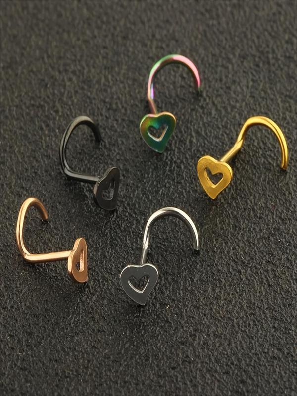 Cute Hollow out Heart Design Nose Ring As Gift for Couple, 5pcs Stainless Steel Nose Studs for Boyfriend & Girlfriend, Elegant All-match Fashion Exquisite Body Jewelry As Birthday Gifts