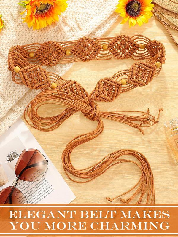 Boho Style Beaded Decor Wax Rope Braid Design Belt, Vintage Style Tie Up Waist Belt for Women, Fashion Belt for Party, Daily Clothing Decor, Trendy All-match & Exquisite Belt for Birthday Gift