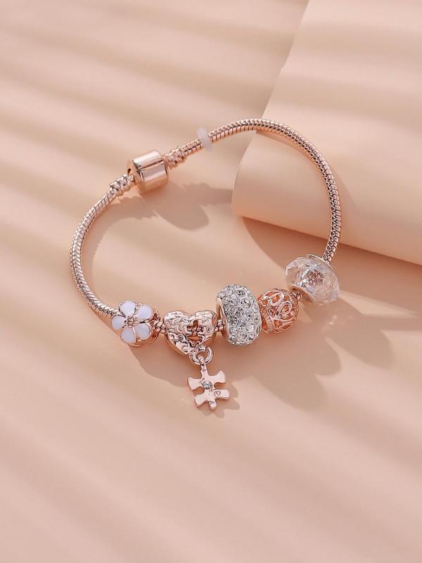 Fashion Elegant Rhinestone Decorated Heart & Flower Design Bracelet, Holiday Casual Daily Wear Party Accessories for Women