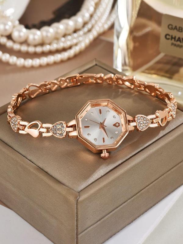 Women's Elegant Rhinestone Decorated Quartz Watch, Fashionable Heart Design Analog Watch for Women & Girls, Trendy All-match & Exquisite Watch for Birthday Gift