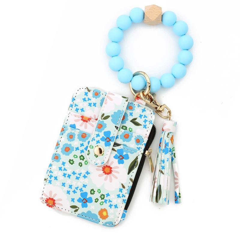 Women's Boho Style Beaded & Tassel Decorated Keychain with Flower Pattern Wallet Boho Wristlet Keychain Wallet Silicone Beaded Tassel Keychain Wallets