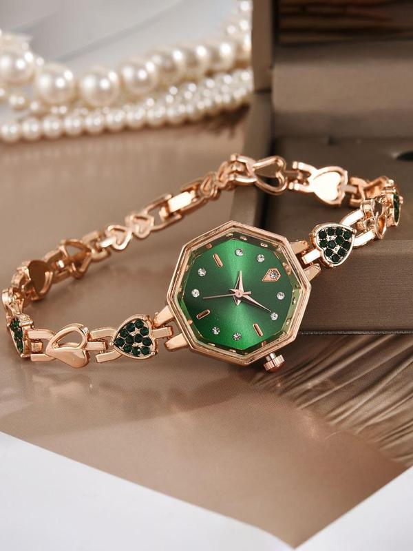 Women's Elegant Rhinestone Decorated Quartz Watch, Fashionable Heart Design Analog Watch for Women & Girls, Trendy All-match & Exquisite Watch for Birthday Gift