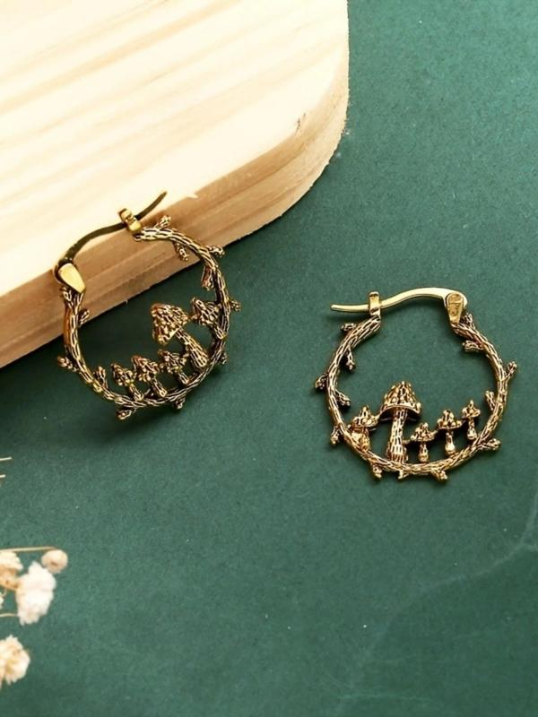 Tree Branch Mushroom Design Hoop Earrings (1 Pair), Retro Fashion Jewelry for Women, Elegant Jewelry for Party, Daily Clothing Decor, Trendy All-match & Exquisite Jewelry for Birthday Gift